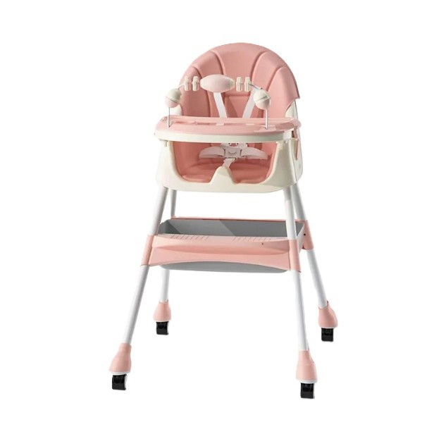 Scaun de masa 2in1, pentru copii de la 6 luni - 5 ani, inaltime reglabila, centura in 5 puncte, tava de masa, roti cu frana, cos depozitare, jucarie inclusa, 94 x 78 x 60 cm, roz [1]