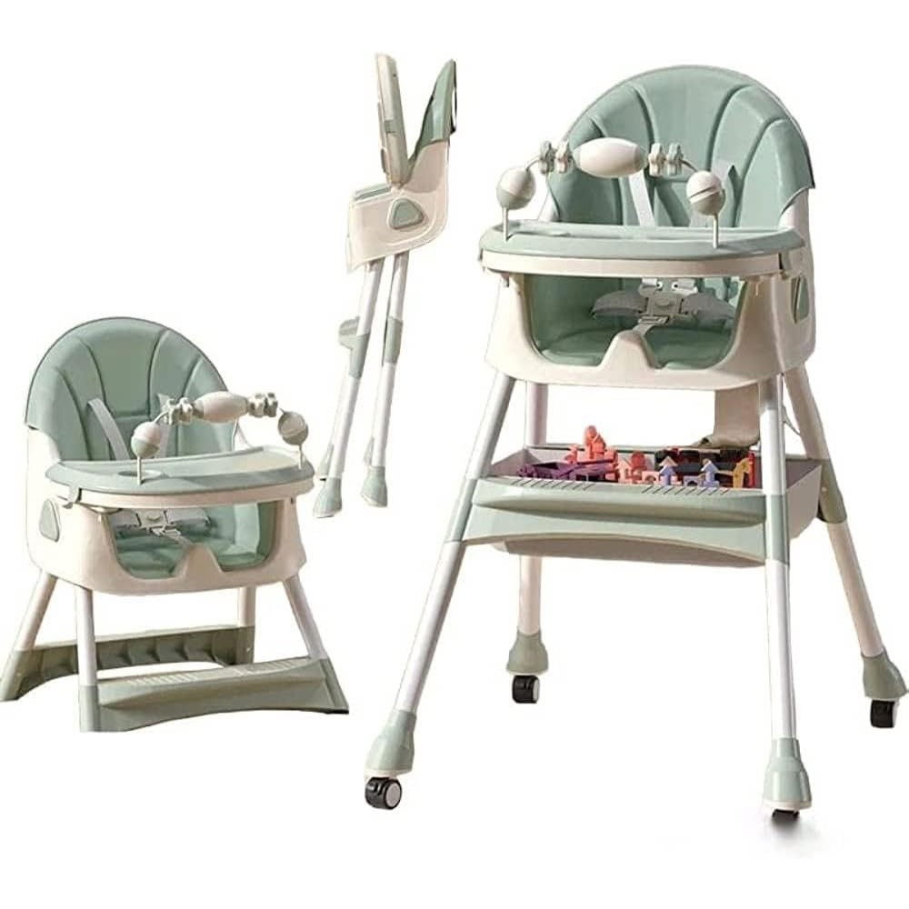 Scaun de masa 2in1, pentru copii de la 6 luni - 5 ani, inaltime reglabila, centura in 5 puncte, tava de masa, roti cu frana, cos depozitare, jucarie inclusa, 94 x 78 x 60 cm, verde [6]