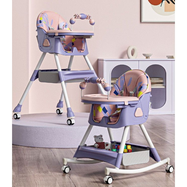 Scaun de masa pe roti pentru copii, 2 tavite si husa detasabile, multifuncțional, stabil, centura de siguranta, spatar reglabil moale, balansoar, cos de depozitare, de la 6 luni, mov [3]