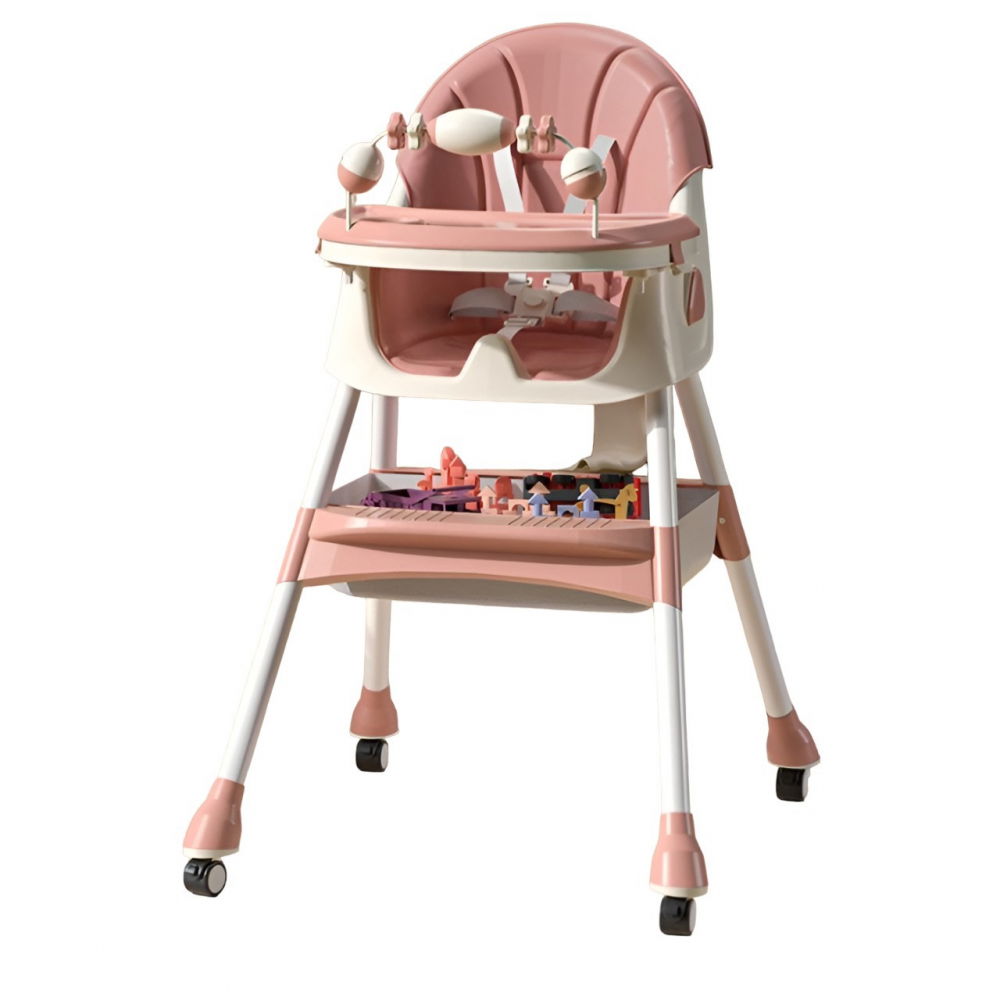 Scaun de masa pe roti pentru copii, 2 tavite si husa detasabile, multifuncțional, stabil, centura de siguranta, spatar reglabil moale, balansoar, cos de depozitare, de la 6 luni, roz [1]