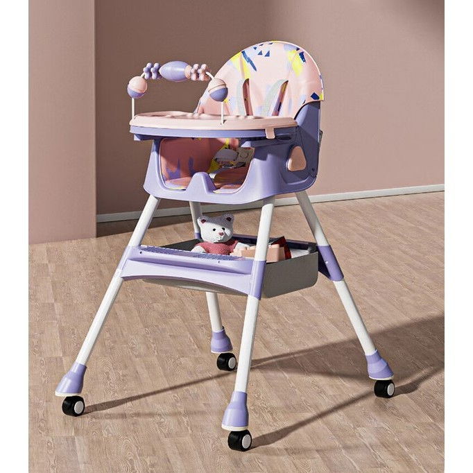 Scaun de masa pe roti pentru copii, 2 tavite si husa detasabile, multifuncțional, stabil, centura de siguranta, spatar reglabil moale, balansoar, cos de depozitare, de la 6 luni, mov [7]