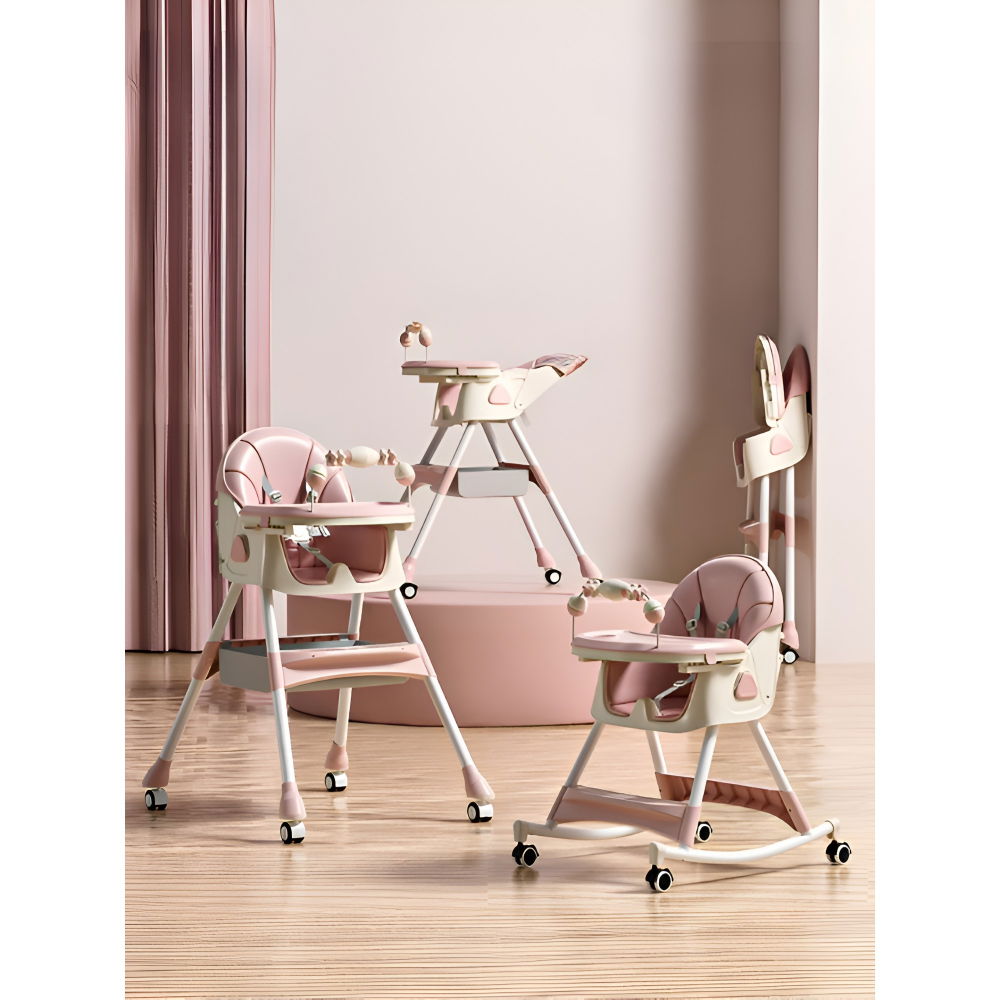 Scaun de masa pe roti pentru copii, 2 tavite si husa detasabile, multifuncțional, stabil, centura de siguranta, spatar reglabil moale, balansoar, cos de depozitare, de la 6 luni, roz [2]