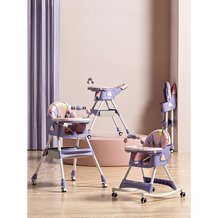 Scaun de masa pe roti pentru copii, 2 tavite si husa detasabile, multifuncțional, stabil, centura de siguranta, spatar reglabil moale, balansoar, cos de depozitare, de la 6 luni, mov [4]