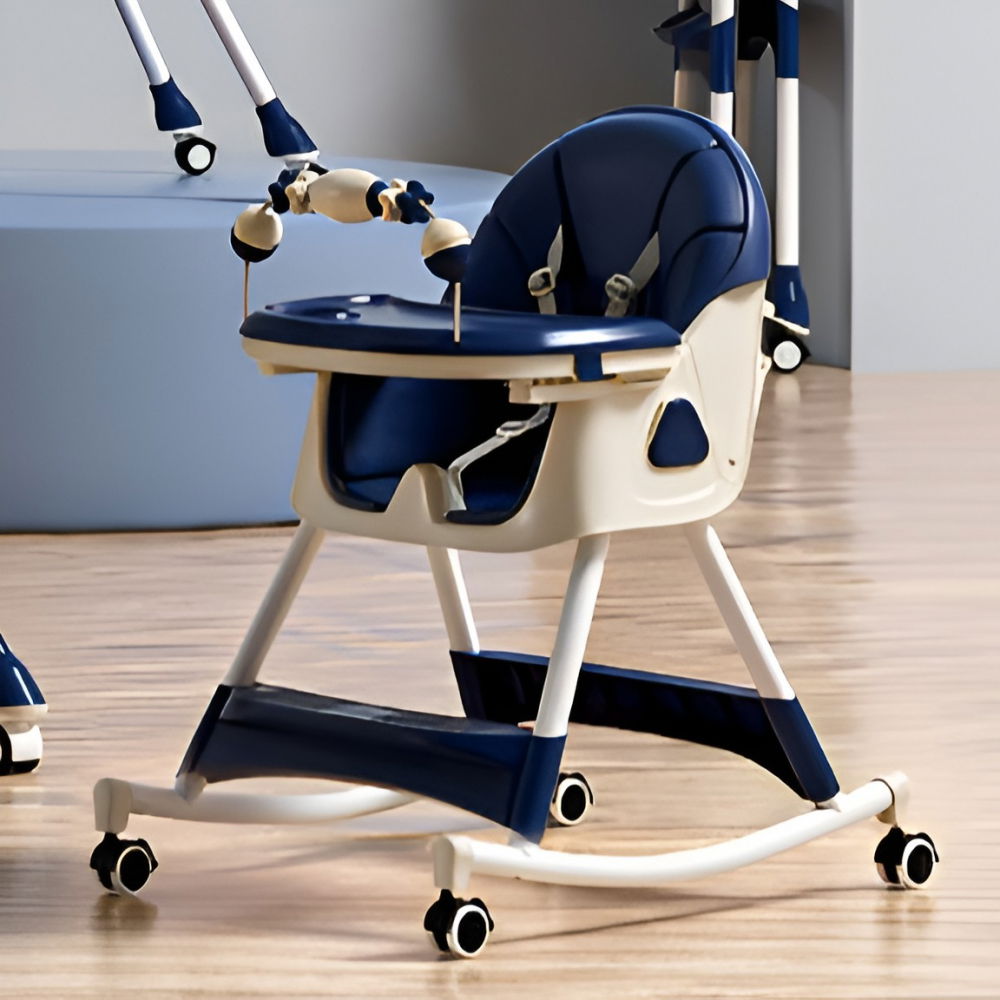 Scaun de masa pe roti pentru copii, 2 tavite si husa detasabile, multifuncțional, stabil, centura de siguranta, spatar reglabil moale, balansoar, cos de depozitare, de la 6 luni, albastru [3]