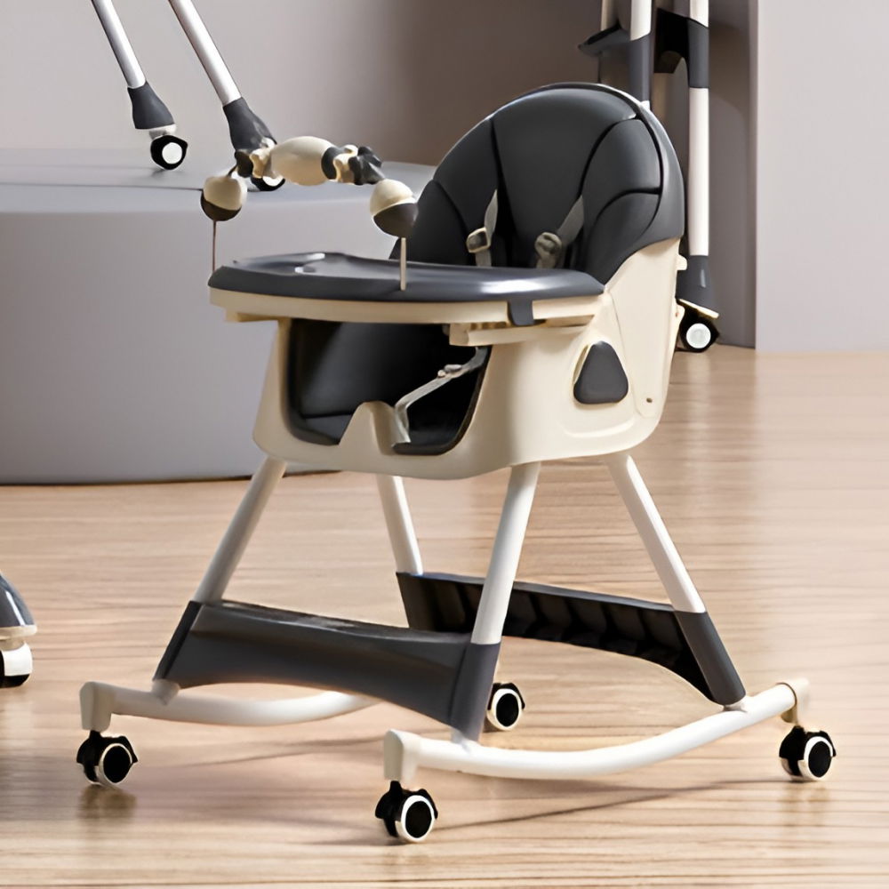 Scaun de masa pe roti pentru copii, 2 tavite si husa detasabile, multifuncțional, stabil, centura de siguranta, spatar reglabil moale, balansoar, cos de depozitare, de la 6 luni, gri [3]