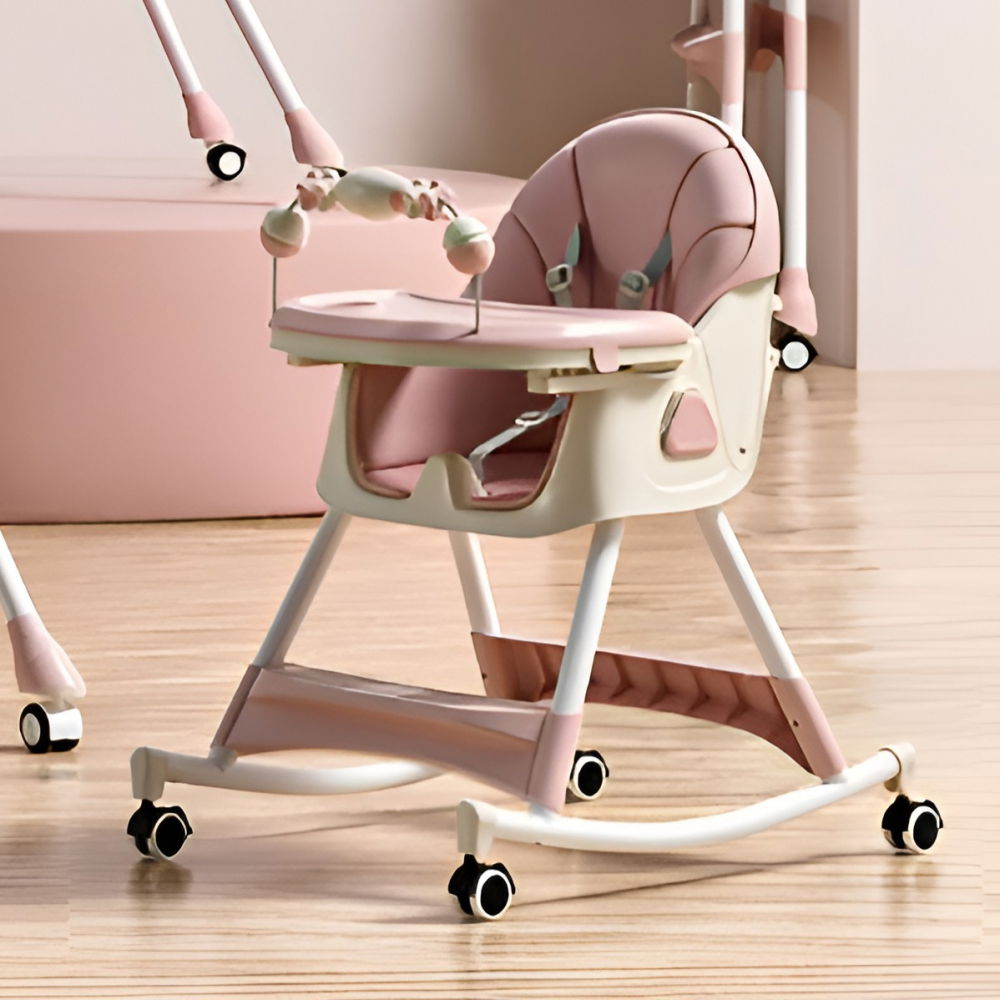 Scaun de masa pe roti pentru copii, 2 tavite si husa detasabile, multifuncțional, stabil, centura de siguranta, spatar reglabil moale, balansoar, cos de depozitare, de la 6 luni, roz [3]