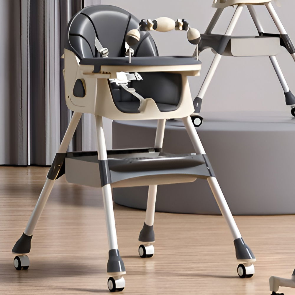 Scaun de masa pe roti pentru copii, 2 tavite si husa detasabile, multifuncțional, stabil, centura de siguranta, spatar reglabil moale, balansoar, cos de depozitare, de la 6 luni, gri [2]