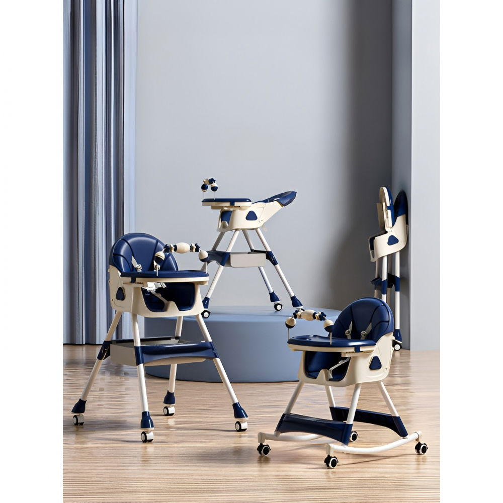 Scaun de masa pe roti pentru copii, 2 tavite si husa detasabile, multifuncțional, stabil, centura de siguranta, spatar reglabil moale, balansoar, cos de depozitare, de la 6 luni, albastru [2]