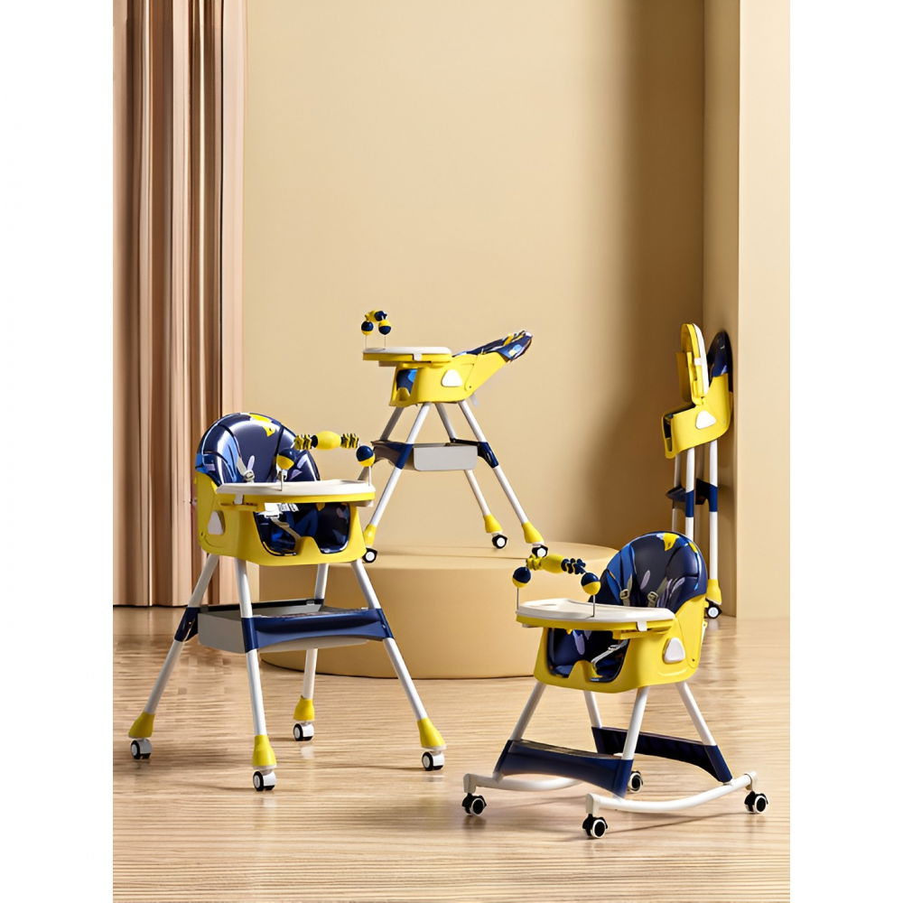 Scaun de masa pentru bebelusi si copii, 2 tavite cu jucarii si husa detasabile, multifuncțional, stabil, centura de siguranta, spatar reglabil moale, balansoar, cos de depozitare, de la 6 luni, 97x73x65cm, galben [3]