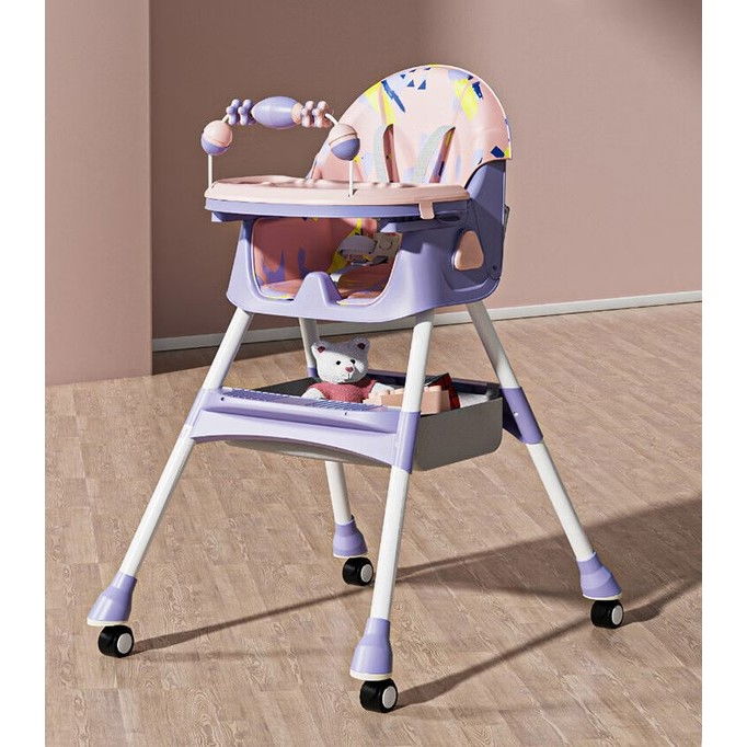 Scaun de masa pentru bebelusi si copii, 2 tavite cu jucarii si husa detasabile, multifuncțional, stabil, centura de siguranta, spatar reglabil moale, balansoar, cos de depozitare, de la 6 luni, 97x73x65cm, mov [8]