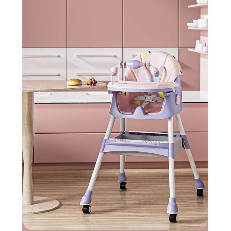 Scaun de masa pentru bebelusi si copii, 2 tavite cu jucarii si husa detasabile, multifuncțional, stabil, centura de siguranta, spatar reglabil moale, balansoar, cos de depozitare, de la 6 luni, 97x73x65cm, mov [10]