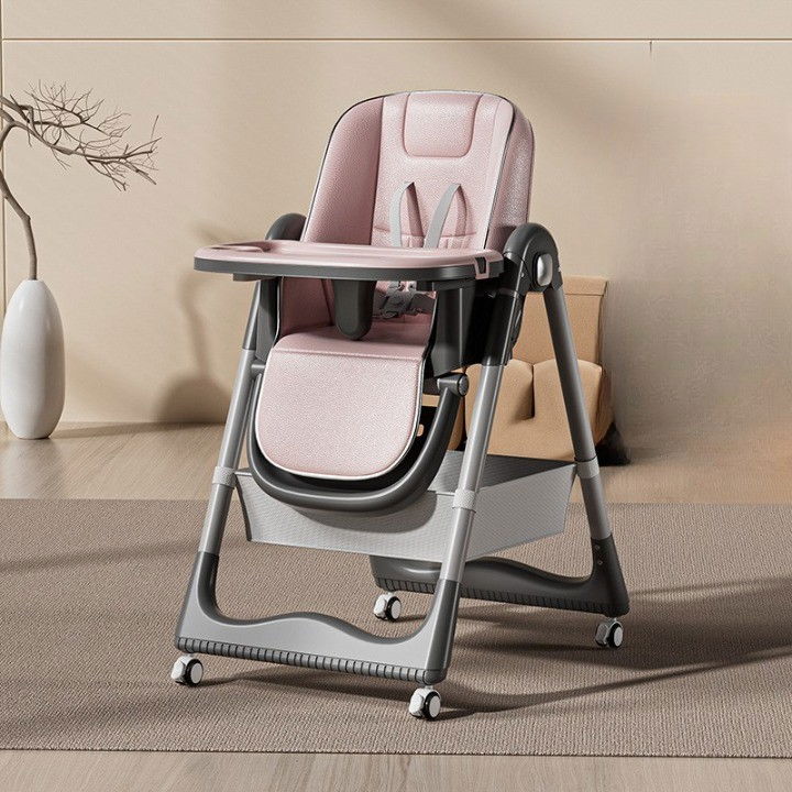 Scaun de masa pentru bebelusi si copii, 2 tavite si husa detasabile, multifuncțional, stabil, centura de siguranta, inaltime ajustabila, spatar reglabil moale, cos de depozitare, 100x50x80cm, de la 6 luni, roz [3]