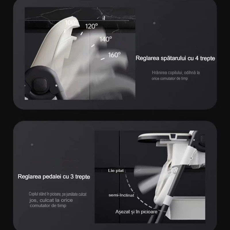 Scaun de masa pentru bebelusi si copii, 2 tavite si husa detasabile, multifuncțional, stabil, centura de siguranta, inaltime ajustabila, spatar reglabil moale, cos de depozitare, 100x50x80cm, de la 6 luni, alb [3]