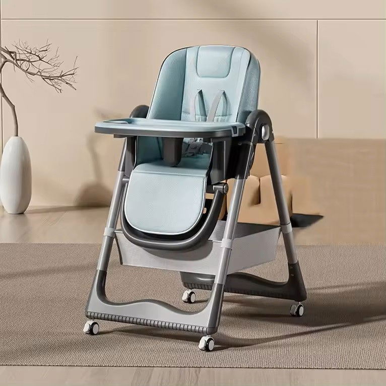 Scaun de masa pentru bebelusi si copii, 2 tavite si husa detasabile, multifuncțional, stabil, centura de siguranta, inaltime ajustabila, spatar reglabil moale, cos de depozitare, 100x50x80cm, de la 6 luni, albastru [4]