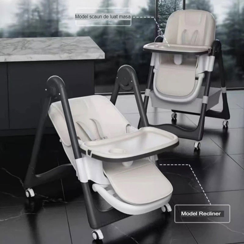 Scaun de masa pentru bebelusi si copii, 2 tavite si husa detasabile, multifuncțional, stabil, centura de siguranta, inaltime ajustabila, spatar reglabil moale, cos de depozitare, 100x50x80cm, de la 6 luni, alb [4]