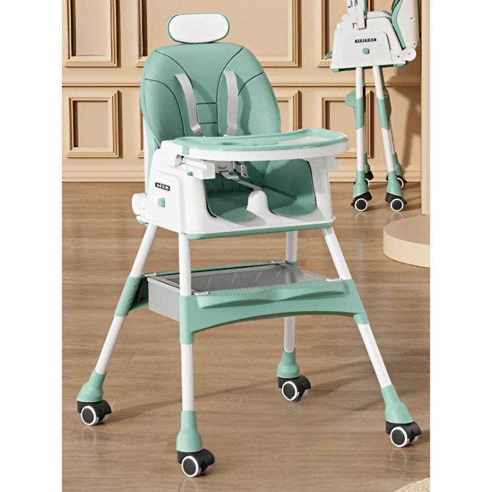 Scaun de masa pentru bebelusi si copii  cu roti, cu tetiera, telescopic, pliabil, masuta reglabila, suport picioare, scaun cu invelis piele artificiala, centura siguranta, spatiu depozitare, 97 x 73 x 65 cm, albastru [3]