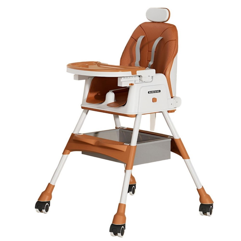 Scaun de masa pentru bebelusi si copii  cu roti, cu tetiera, telescopic, pliabil, masuta reglabila, suport picioare, scaun cu invelis piele artificiala, centura siguranta, spatiu depozitare, 97 x 73 x 65 cm, maro [1]
