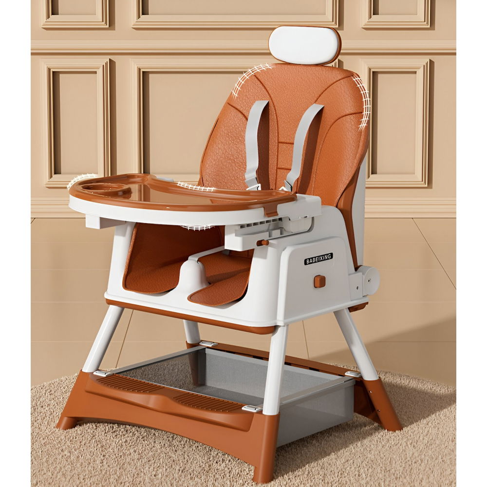 Scaun de masa pentru bebelusi si copii  cu roti, cu tetiera, telescopic, pliabil, masuta reglabila, suport picioare, scaun cu invelis piele artificiala, centura siguranta, spatiu depozitare, 97 x 73 x 65 cm, maro [5]