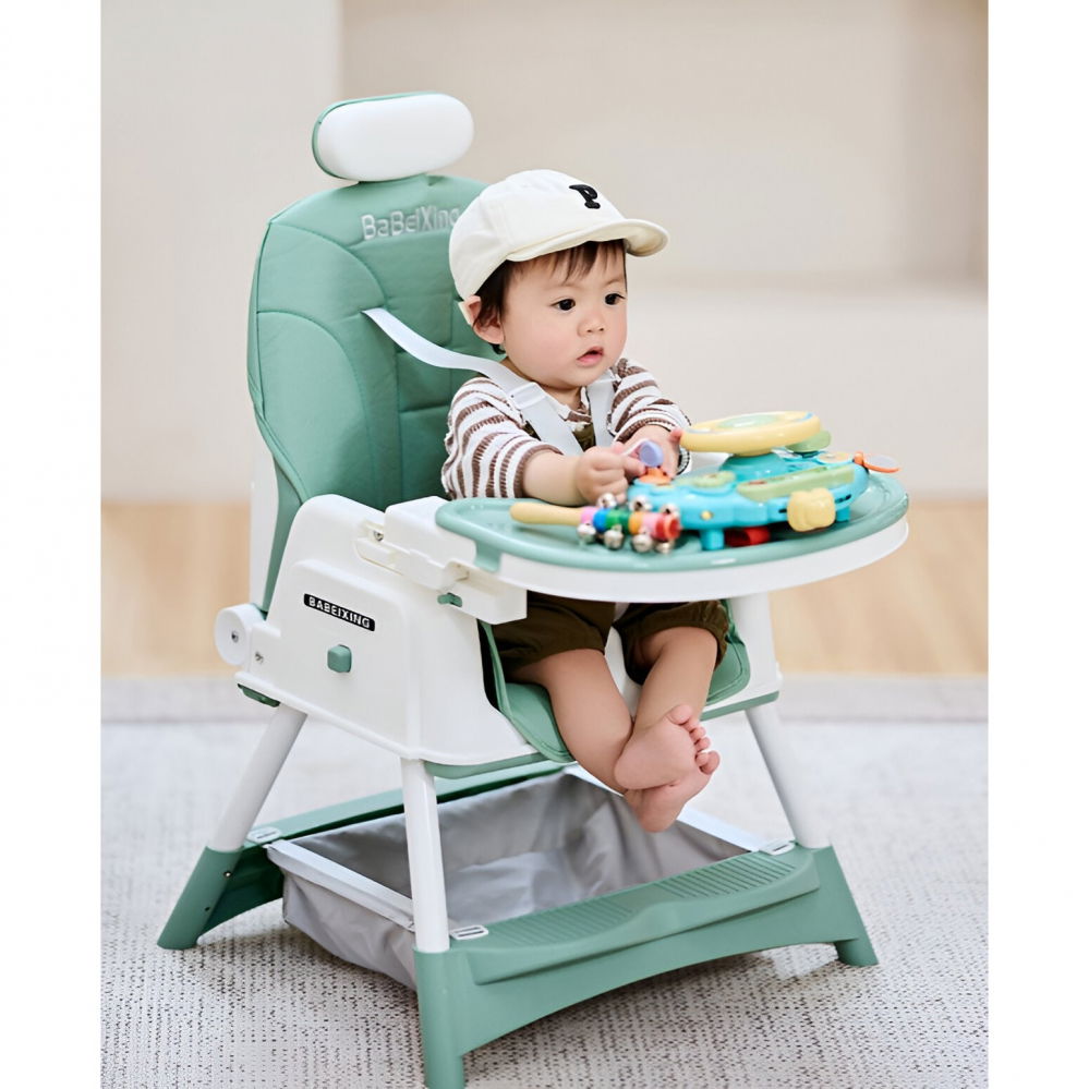 Scaun de masa pentru bebelusi si copii  cu roti, cu tetiera, telescopic, pliabil, masuta reglabila, suport picioare, scaun cu invelis piele artificiala, centura siguranta, spatiu depozitare, 97 x 73 x 65 cm, albastru [4]