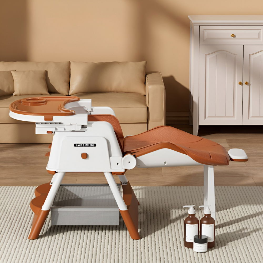 Scaun de masa pentru bebelusi si copii  cu roti, cu tetiera, telescopic, pliabil, masuta reglabila, suport picioare, scaun cu invelis piele artificiala, centura siguranta, spatiu depozitare, 97 x 73 x 65 cm, maro [3]