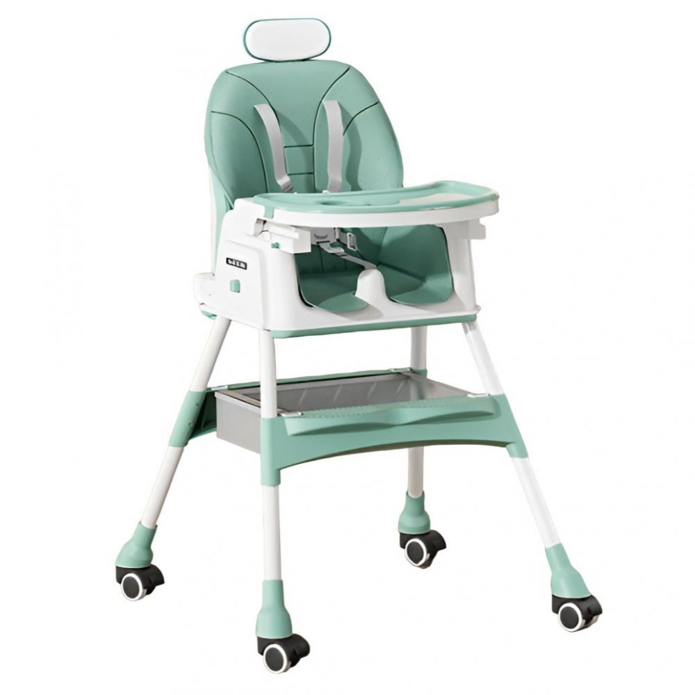 Scaun de masa pentru bebelusi si copii  cu roti, cu tetiera, telescopic, pliabil, masuta reglabila, suport picioare, scaun cu invelis piele artificiala, centura siguranta, spatiu depozitare, 97 x 73 x 65 cm, albastru [1]