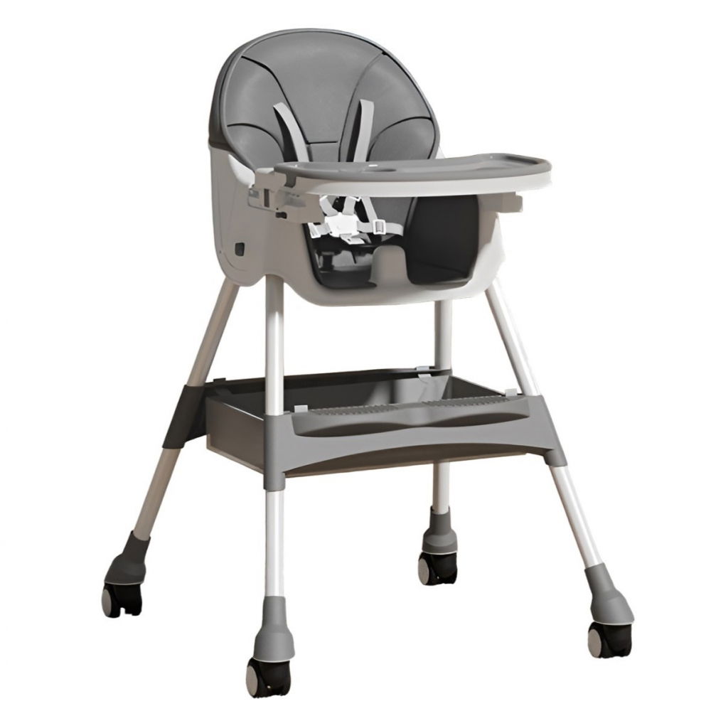 Scaun de masa pentru bebelusi si copii, cu roti, telescopic, pliabil, masuta reglabila, suport picioare, scaun cu invelis piele artificiala, centura siguranta, spatiu depozitare, 97x73x65 cm, gri [1]