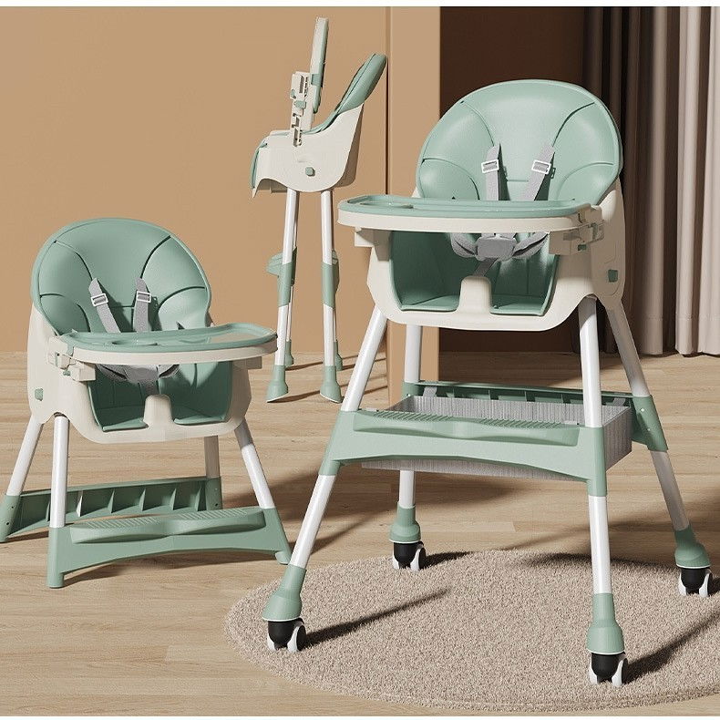 Scaun de masa pentru bebelusi si copii, cu roti, telescopic, pliabil, masuta reglabila, suport picioare, scaun cu invelis piele artificiala, centura siguranta, spatiu depozitare, 97x73x65 cm, verde [4]