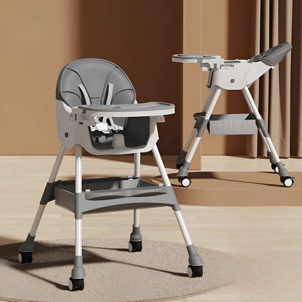 Scaun de masa pentru bebelusi si copii, cu roti, telescopic, pliabil, masuta reglabila, suport picioare, scaun cu invelis piele artificiala, centura siguranta, spatiu depozitare, 97x73x65 cm, gri [2]