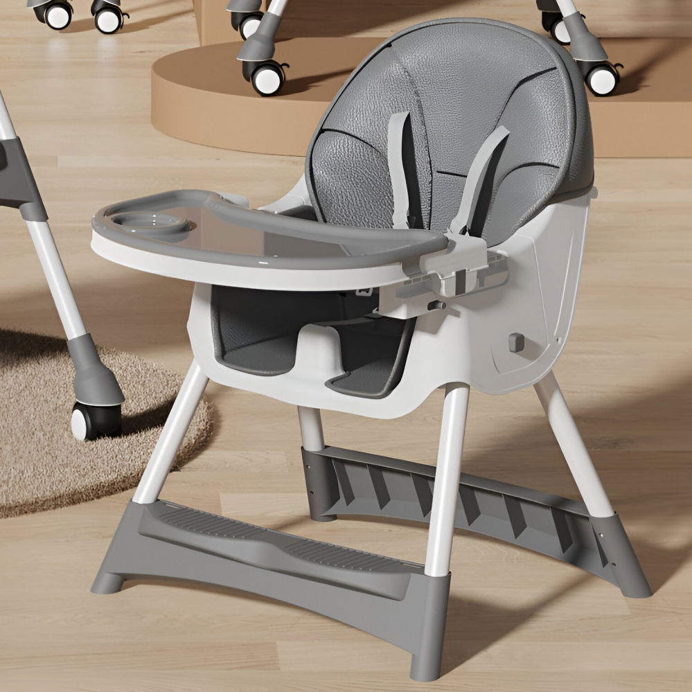 Scaun de masa pentru bebelusi si copii, cu roti, telescopic, pliabil, masuta reglabila, suport picioare, scaun cu invelis piele artificiala, centura siguranta, spatiu depozitare, 97x73x65 cm, gri [4]