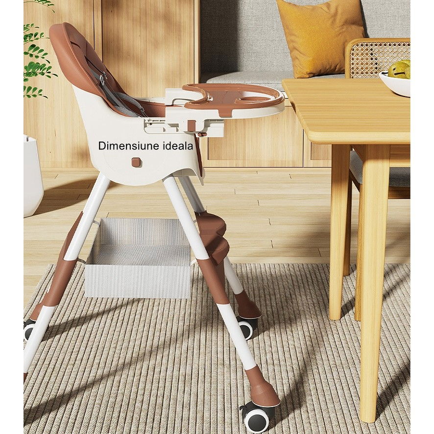 Scaun de masa pentru bebelusi si copii  cu roti, telescopic, pliabil, masuta reglabila, suport picioare, scaun invelis piele artificiala, centura siguranta, spatiu depozitare, 97 x 73 x 65 cm, maro [7]