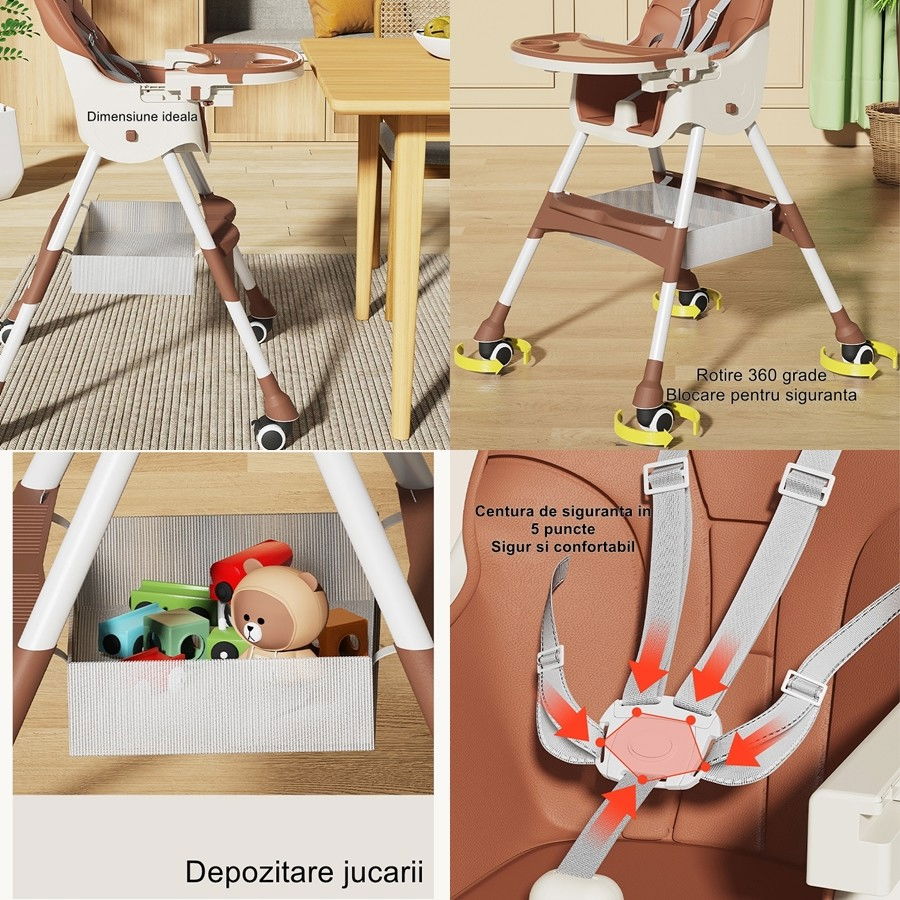 Scaun de masa pentru bebelusi si copii  cu roti, telescopic, pliabil, masuta reglabila, suport picioare, scaun invelis piele artificiala, centura siguranta, spatiu depozitare, 97 x 73 x 65 cm, maro [2]