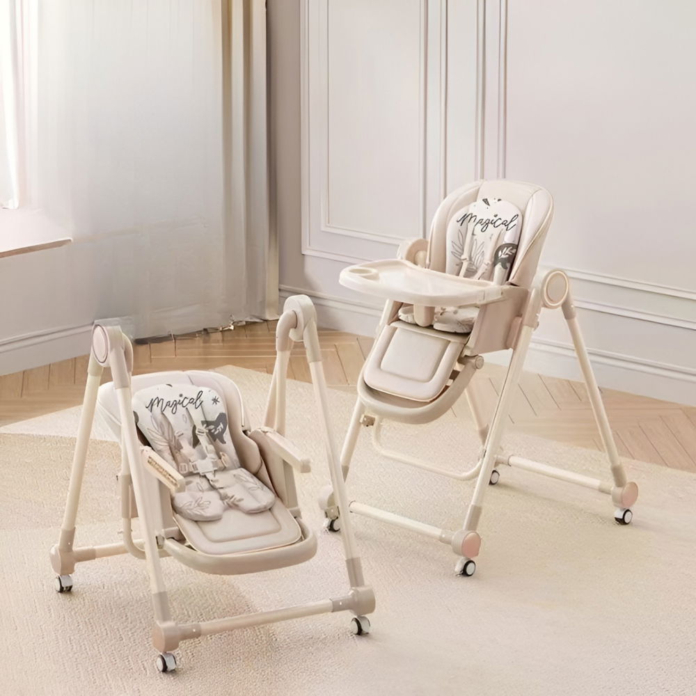 Scaun de masa pentru bebelusi si copii, tavita si husa detasabile, multifuncțional, stabil, centura de siguranta, inaltime ajustabila, spatar reglabil moale, balansoar, de la 6 luni, bej [3]