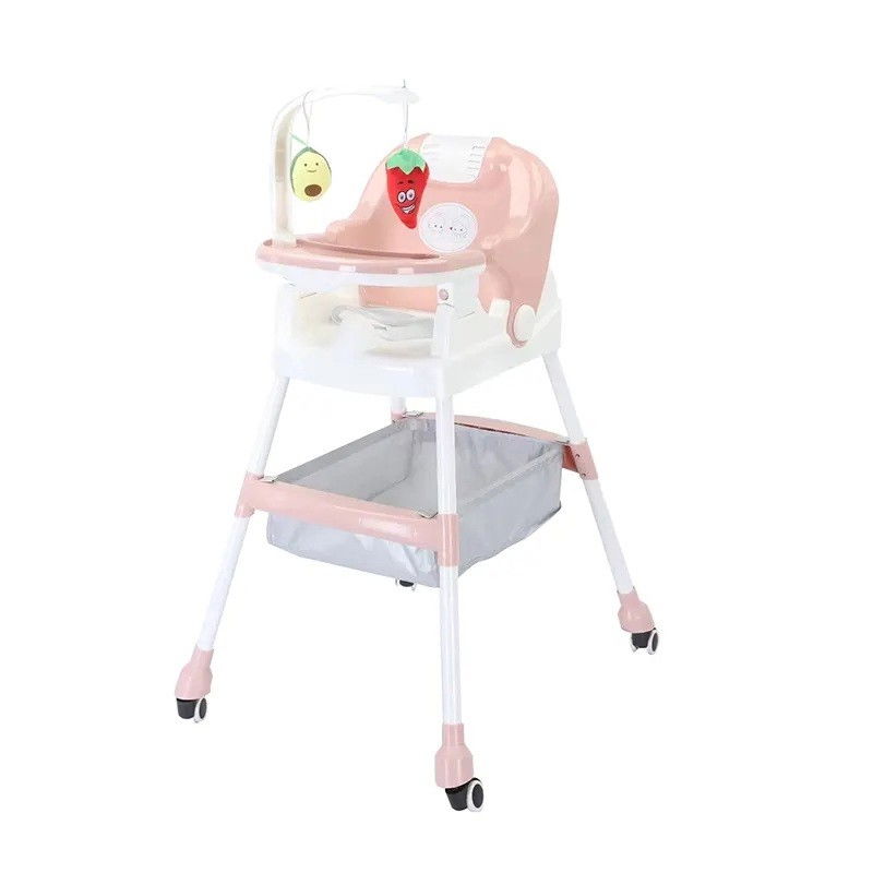 Scaun de masa pentru copii, multifunctional, pliabil, cu roti, cos de depozitare, din plastic, centura de siguranta, suport de agatat jucarii, 110 x 60 x 70 cm, roz [4]