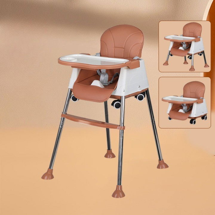 Scaun de masa pliabil 3in1, reglabil, multifunctional, 3 pozitii, masuta si husa detasabile, roti, centura de siguranta, ajustare inaltime, maro [2]