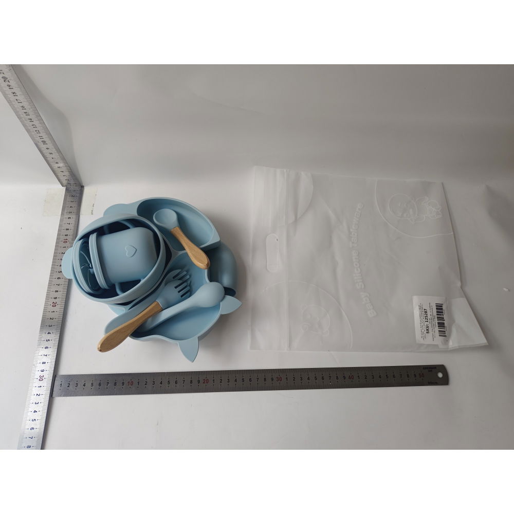 Set 10 piese diversificare bebelusi si copii din silicon  baveta, farfurie compartimentata cu ventuza, bol cu ventuza, tacamuri din lemn si silicon, cana pentru gustari, fara alergeni, baby blue [5]