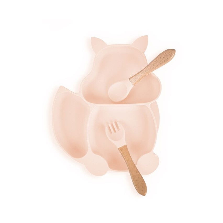 Set 10 piese diversificare bebelusi si copii din silicon  baveta, farfurie compartimentata cu ventuza, bol cu ventuza, tacamuri din lemn si silicon, cana pentru gustari, fara alergeni, roz pal [5]