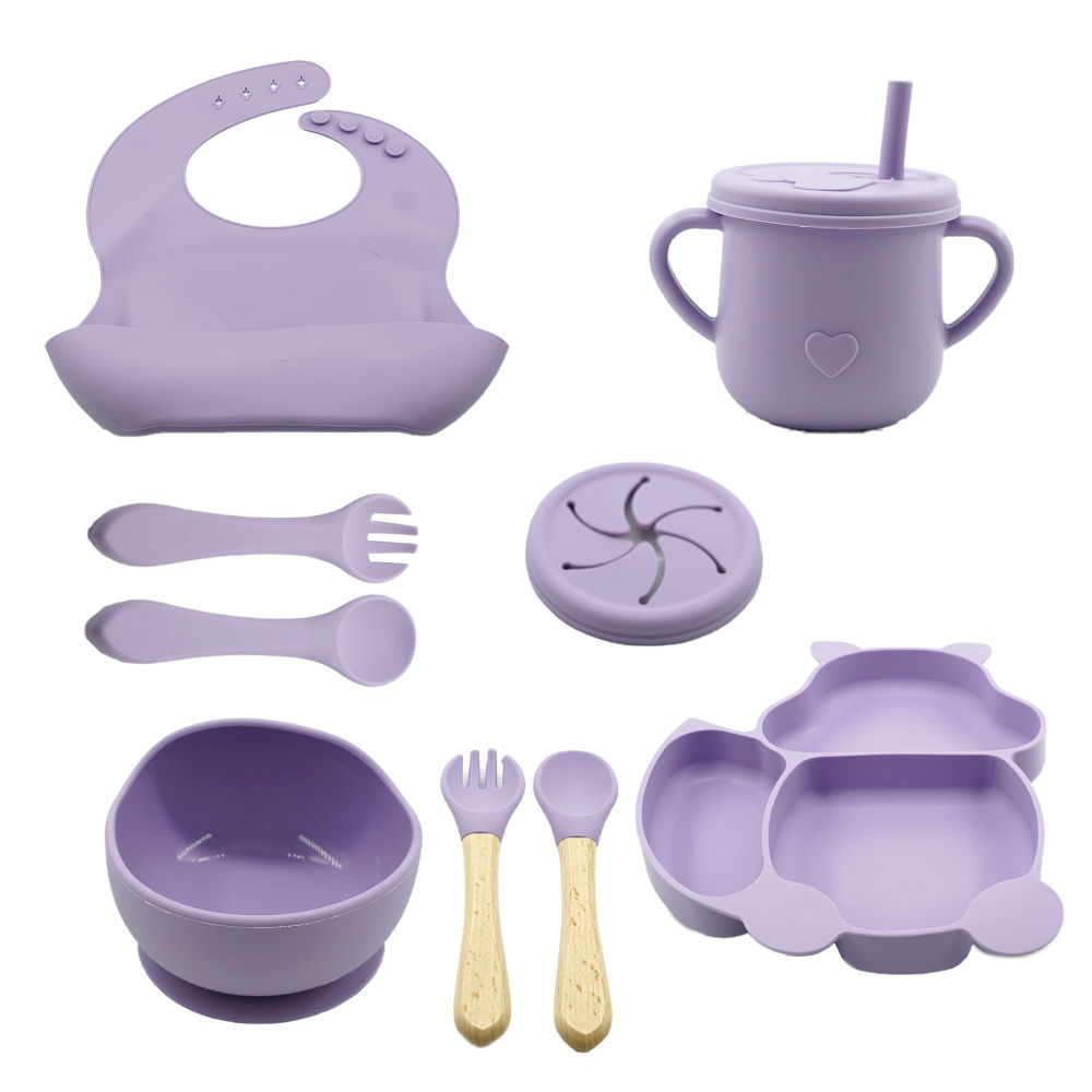 Set 10 piese diversificare bebelusi si copii din silicon  baveta, farfurie compartimentata cu ventuza, bol cu ventuza, tacamuri din lemn si silicon, cana pentru gustari, fara alergeni, mov [1]