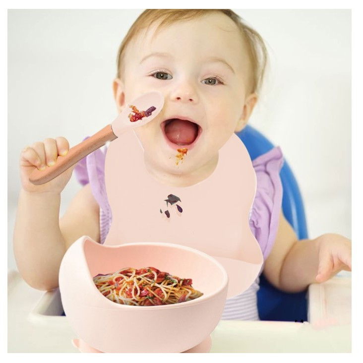 Set 10 piese diversificare bebelusi si copii din silicon  baveta, farfurie compartimentata cu ventuza, bol cu ventuza, tacamuri din lemn si silicon, cana pentru gustari, fara alergeni, roz pal [3]