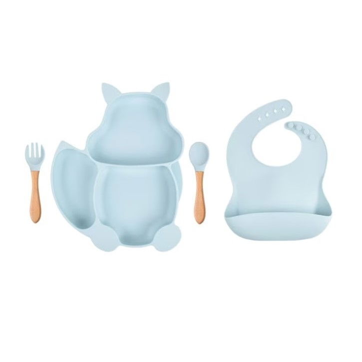 Set 10 piese diversificare bebelusi si copii din silicon  baveta, farfurie compartimentata cu ventuza, bol cu ventuza, tacamuri din lemn si silicon, cana pentru gustari, fara alergeni, baby blue [4]