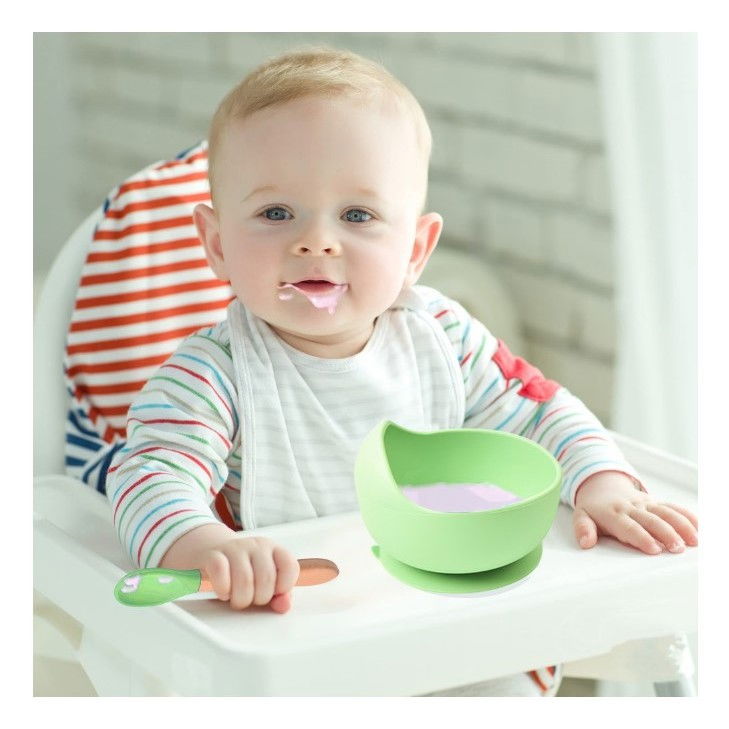 Set 10 piese diversificare bebelusi si copii din silicon  baveta, farfurie compartimentata cu ventuza, bol cu ventuza, tacamuri din lemn si silicon, cana pentru gustari, fara alergeni, verde [2]