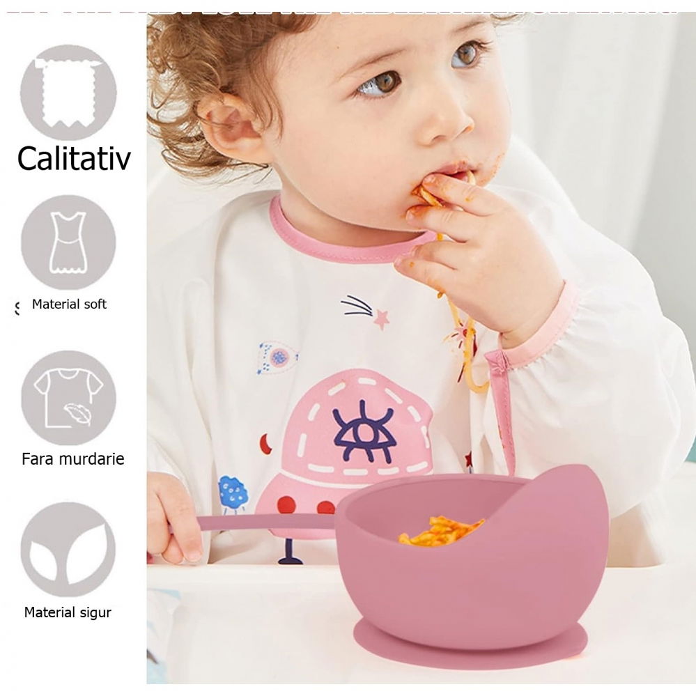 Set 10 piese diversificare bebelusi si copii din silicon  baveta, farfurie compartimentata cu ventuza, bol cu ventuza, tacamuri din lemn si silicon, cana pentru gustari, fara alergeni, roz pudrat [3]