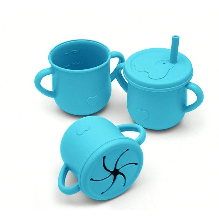 Set 10 piese servire masa.  pentru bebelusi si copii, din silicon/lemn, cu ventuze anti-alunecare, fara alergeni. +6 luni, model elefant, albastru [5]