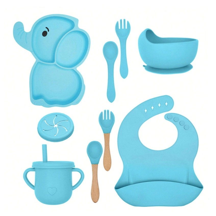 Set 10 piese servire masa.  pentru bebelusi si copii, din silicon/lemn, cu ventuze anti-alunecare, fara alergeni. +6 luni, model elefant, albastru [1]