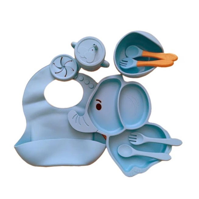Set 10 piese servire masa.  pentru bebelusi si copii, din silicon/lemn, cu ventuze anti-alunecare, fara alergeni. +6 luni, model elefant, albastru deschis [1]