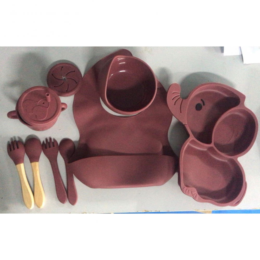 Set 10 piese servire masa.  pentru bebelusi si copii, din silicon/lemn, cu ventuze anti-alunecare, fara alergeni. +6 luni, model elefant, maro [4]