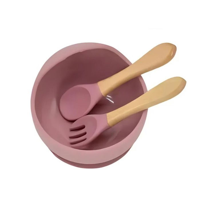 Set 10 piese servire masa.  pentru bebelusi si copii, din silicon/lemn, cu ventuze anti-alunecare, fara alergeni. +6 luni, model elefant, maro [3]