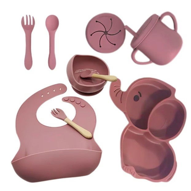 Set 10 piese servire masa.  pentru bebelusi si copii, din silicon/lemn, cu ventuze anti-alunecare, fara alergeni. +6 luni, model elefant, maro [1]