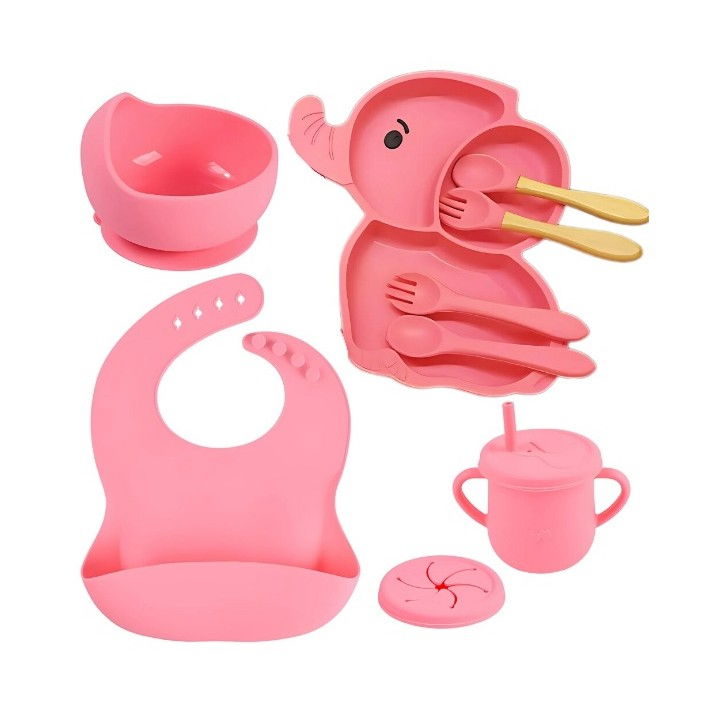 Set 10 piese servire masa.  pentru bebelusi si copii, din silicon/lemn, cu ventuze anti-alunecare, fara alergeni. +6 luni, model elefant, roz [1]