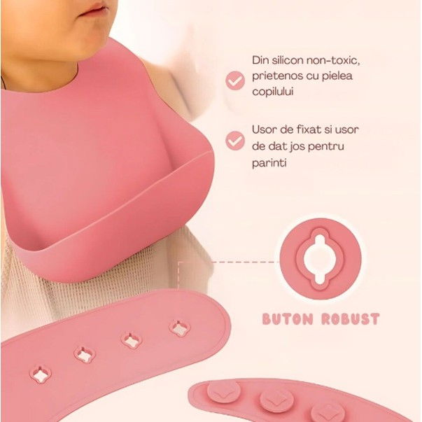 Set 10 piese servire masa.  pentru bebelusi si copii, din silicon/lemn, cu ventuze anti-alunecare, fara alergeni. +6 luni, model elefant, roz [5]