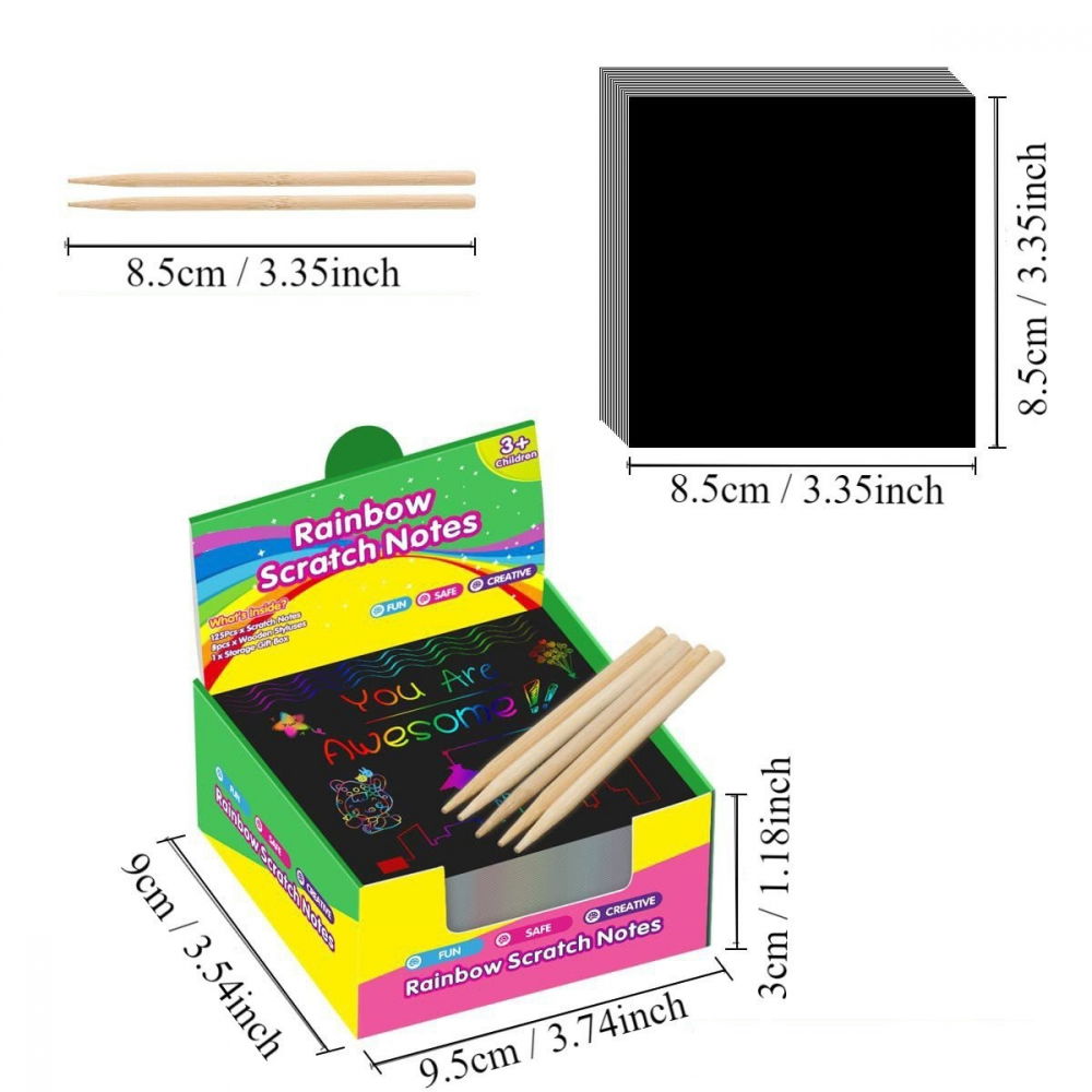 Set 100 de foi de hartie de razuit, cu creion din bambus, pentru desen, 8.5 x 8.5, curcubeu, negru [5]